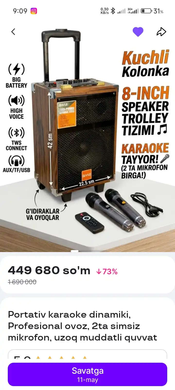 Portativ karaoke dinamiki, Profesional ovoz, 2ta simsiz mikrofon, uzoq muddatli quvvat