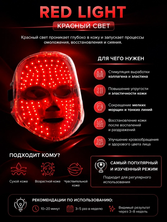 LED-маска для лица 7 цветов, светотерапия кожи, уход против акне, морщин и воспалений дома