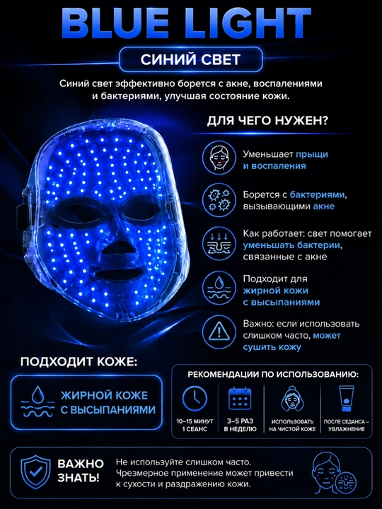 LED-маска для лица 7 цветов, светотерапия кожи, уход против акне, морщин и воспалений дома