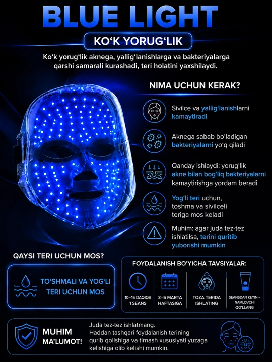 LED-маска для лица 7 цветов, светотерапия кожи, уход против акне, морщин и воспалений дома