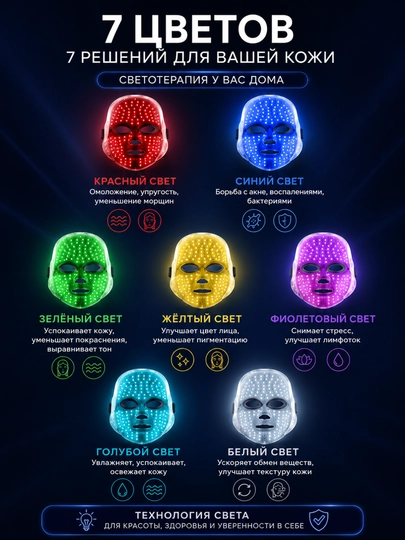 LED-маска для лица 7 цветов, светотерапия кожи, уход против акне, морщин и воспалений дома