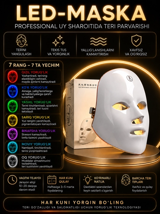 LED-маска для лица 7 цветов, светотерапия кожи, уход против акне, морщин и воспалений дома