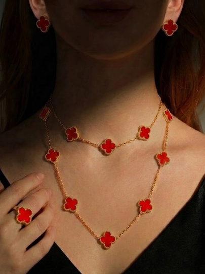 Длинное колье и серьги из коллекции Vintage Alhambra в стиле Van Cleef & Arpels — 0207200-ALHAMBRA-АЛЫЙ