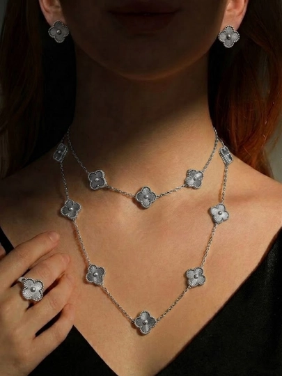 Длинное колье и серьги из коллекции Vintage Alhambra в стиле Van Cleef & Arpels — 0207200-ALHAMBRA-СЕРЕБРН