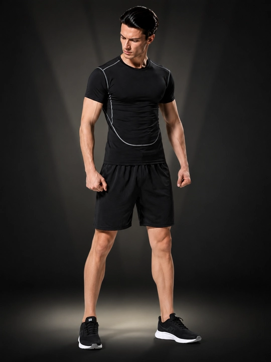 Erkaklar sport kiyim to‘plami — futbolka + shortik + leggins, yugurish va fitnes uchun