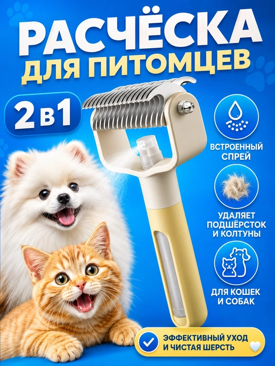 Расческа для кошек и собак 2 в 1 колтунорез, спрей щетка для шерсти - 