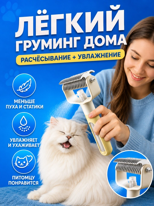 Расческа для кошек и собак 2 в 1 колтунорез, спрей щетка для шерсти