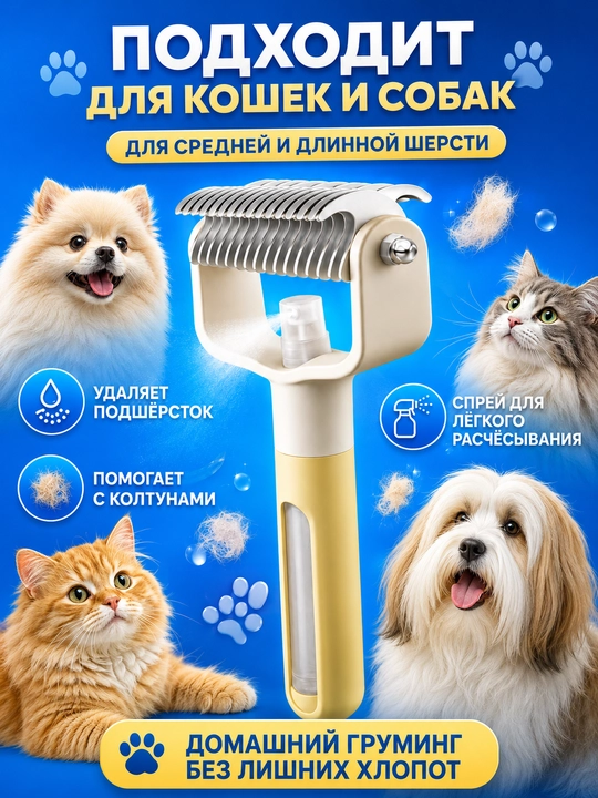 Расческа для кошек и собак 2 в 1 колтунорез, спрей щетка для шерсти
