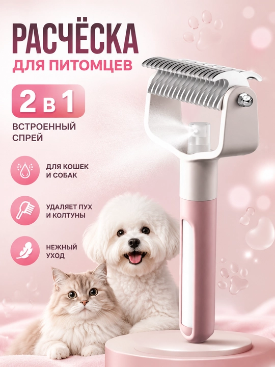 Расческа для кошек и собак 2 в 1 колтунорез, спрей щетка для шерсти