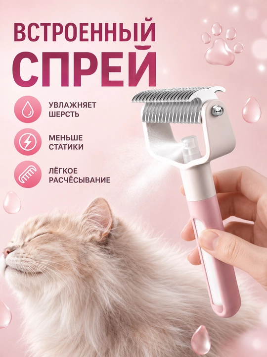Расческа для кошек и собак 2 в 1 колтунорез, спрей щетка для шерсти