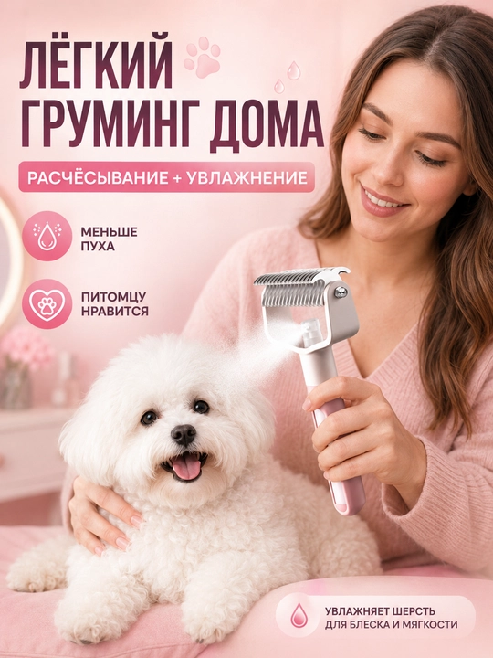 Расческа для кошек и собак 2 в 1 колтунорез, спрей щетка для шерсти