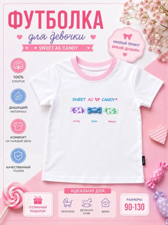 Qizlar uchun Sweet Candy qisqa yengli oq futbolka - 