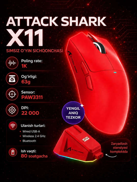 Игровая мышь ATTACK SHARK X11 беспроводная, легкая, оптическая, для ПК