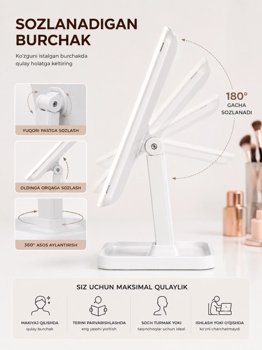 LED sensorli makiyaj oynasi USB zaryadli 3 xil yorug'likli aylanuvchi oyna