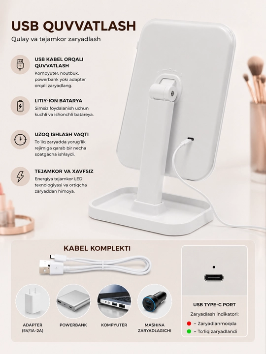 LED sensorli makiyaj oynasi USB zaryadli 3 xil yorug'likli aylanuvchi oyna