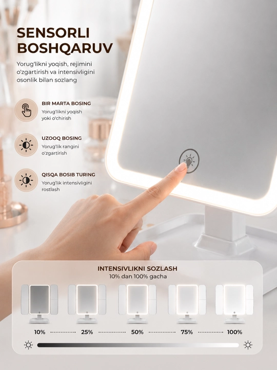 LED sensorli makiyaj oynasi USB zaryadli 3 xil yorug'likli aylanuvchi oyna