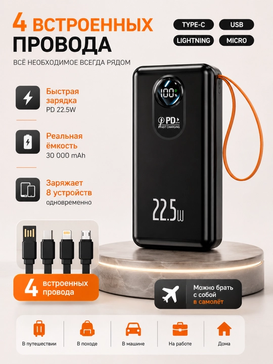 Power Bank 20000 mAh 22.5W с ремешком, встроенными кабелями, фонариком и быстрой зарядкой
