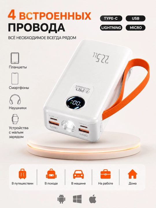 Power Bank 20000 mAh 22.5W с ремешком, встроенными кабелями, фонариком и быстрой зарядкой