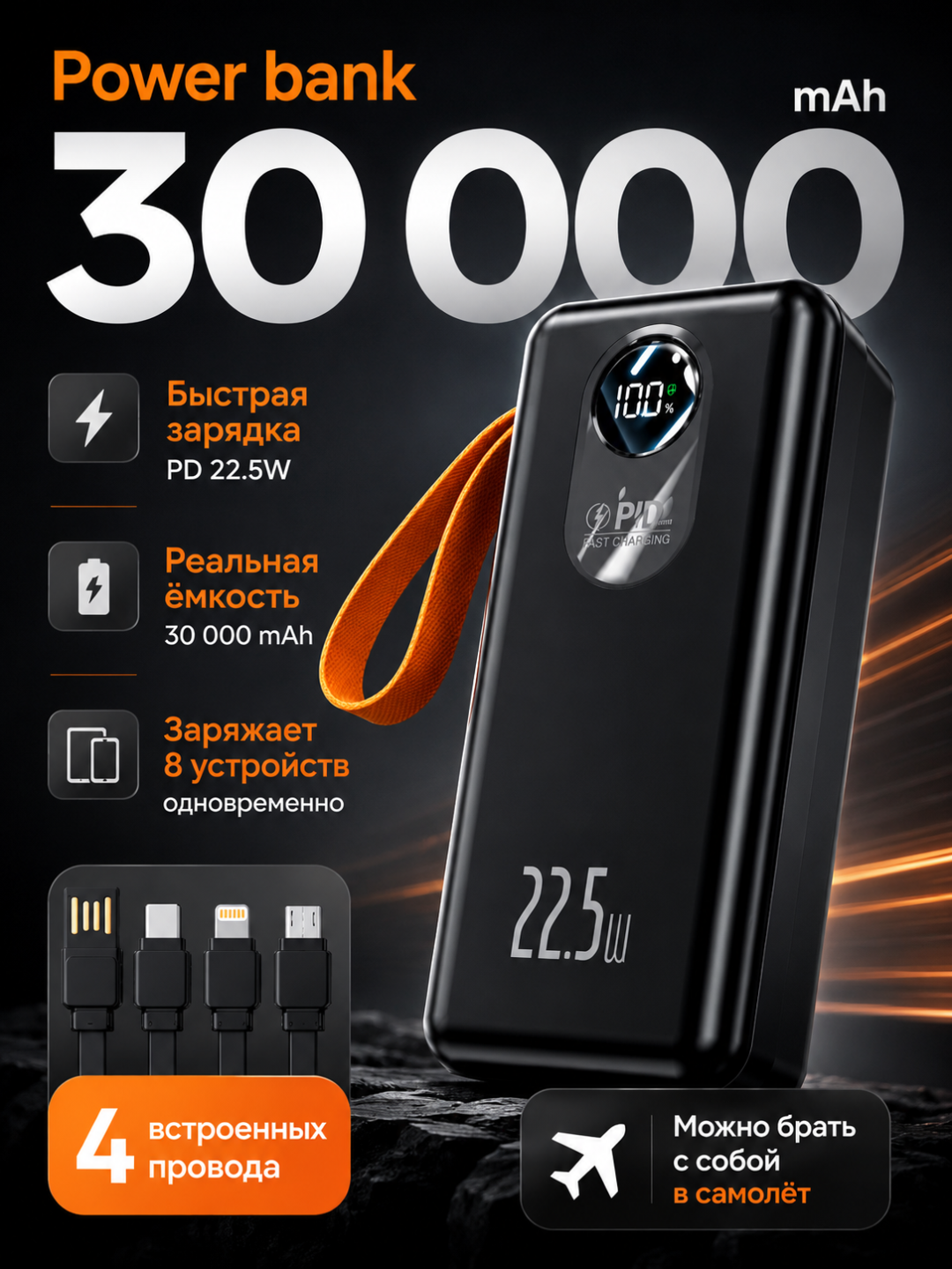Power Bank 20000 mAh 22.5W с ремешком, встроенными кабелями, фонариком и быстрой зарядкой - 