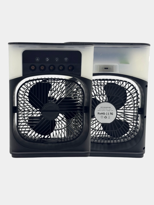 Ushbu qora portativ mini fan va namlagich 2-in-1 USB Type-C porti bilan quvvatlanadi