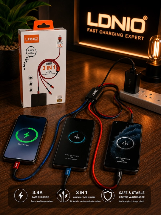 Кабель для быстрой зарядки LDNIO, 3 в 1 (Lightning / Type-C / Micro) - 3,4 А, 1,2 м