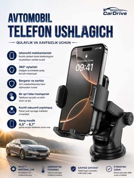 So'rg'ichli avtomobil telefon ushlagichi, smartfonlar uchun universal avtomobil ushlagich - 