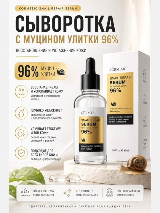 Сыворотка с муцином улитки 96% для лица - увлажнение, восстановление и постакне - 