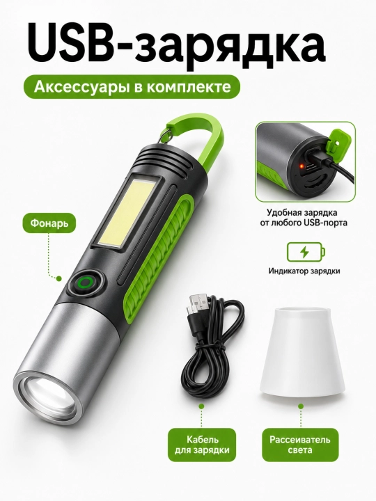 Kemping va baliq ovlash uchun osma karabinli LED COB USB akkumulyatorli fonari