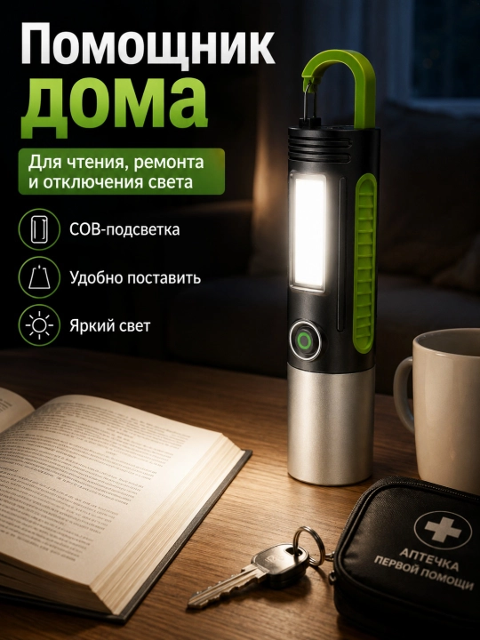 Kemping va baliq ovlash uchun osma karabinli LED COB USB akkumulyatorli fonari