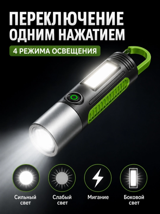 Kemping va baliq ovlash uchun osma karabinli LED COB USB akkumulyatorli fonari