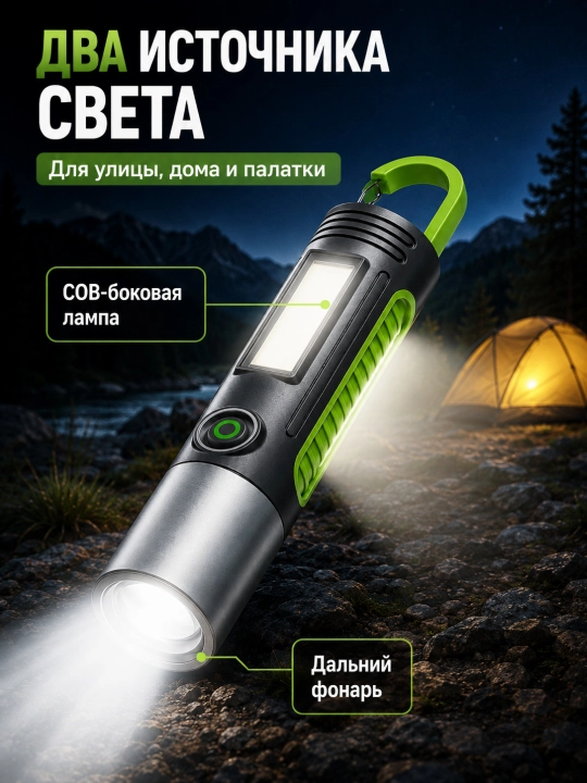 Kemping va baliq ovlash uchun osma karabinli LED COB USB akkumulyatorli fonari