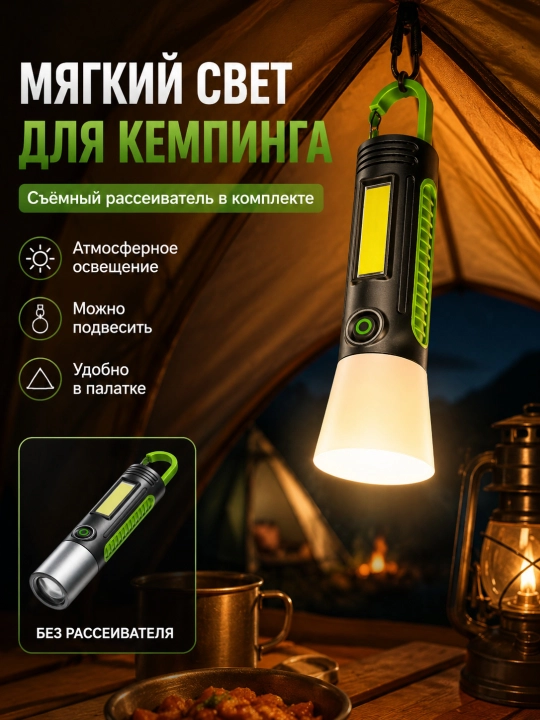 Kemping va baliq ovlash uchun osma karabinli LED COB USB akkumulyatorli fonari