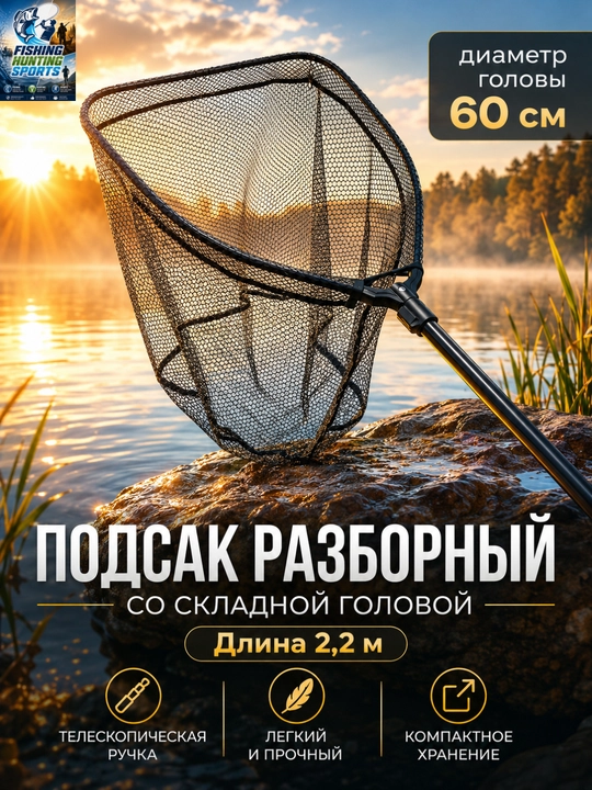 Подсачок для ловли рыбы, сгибаемый, с телескопической ручкой