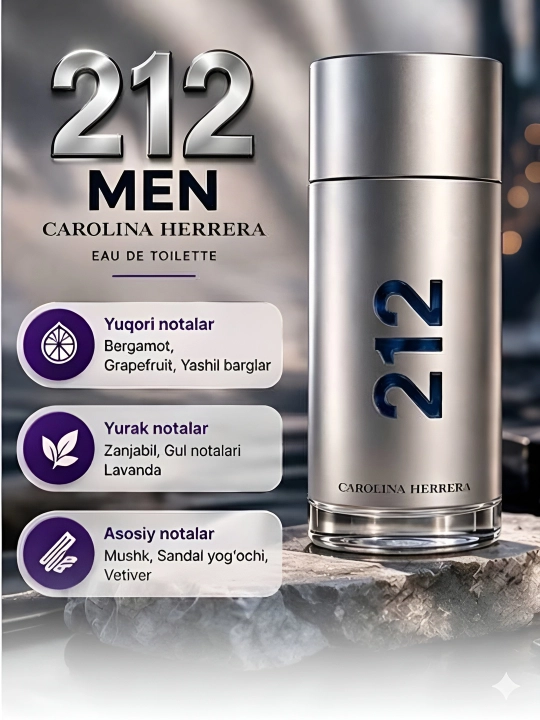 Carolina Herrera 212 Men EDT erkaklar tualet suvi, 100 ml, turg‘un ator - 