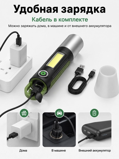Фонарик аккумуляторный LED COB USB с карабином подвесной для кемпинга рыбалки авто дома