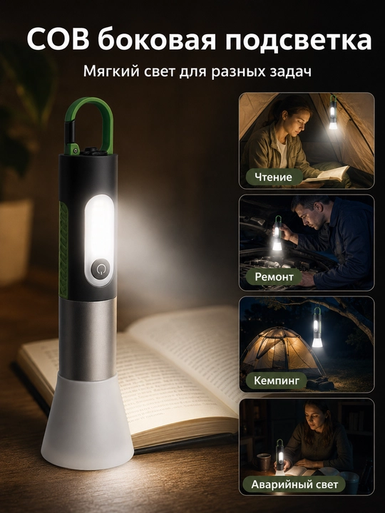 Фонарик аккумуляторный LED COB USB с карабином подвесной для кемпинга рыбалки авто дома