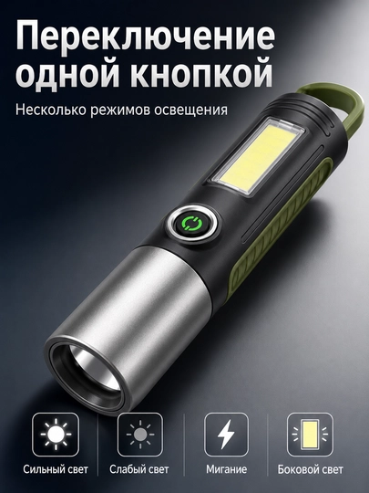 Фонарик аккумуляторный LED COB USB с карабином подвесной для кемпинга рыбалки авто дома