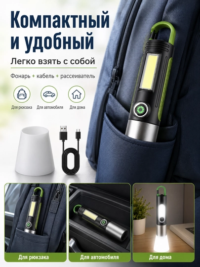 Фонарик аккумуляторный LED COB USB с карабином подвесной для кемпинга рыбалки авто дома