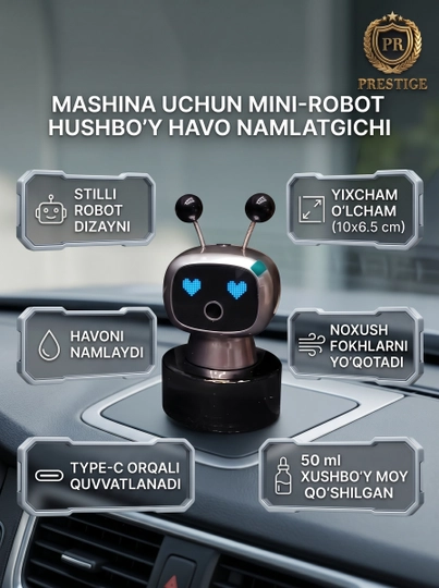 Диффузор для авто робот Smart Fragra — увлажнитель, 50мл масло, USB Type-C, LED — PREST01-ROBOTOSV
