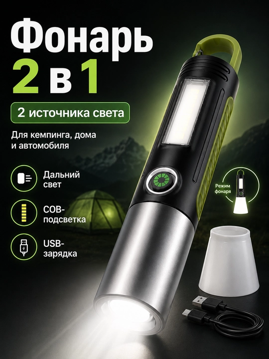 Фонарик аккумуляторный LED COB USB с карабином подвесной для кемпинга рыбалки авто дома - 