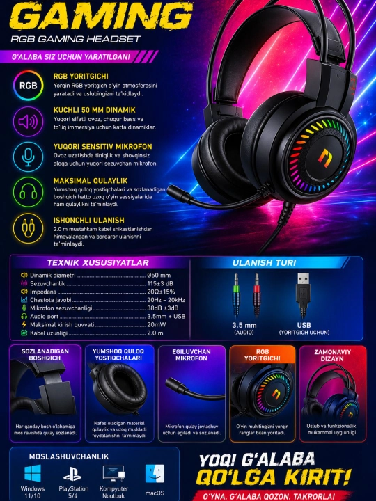 Nillmax NGN103 Gaming Quloqchin,RGB, Stereo Ovoz, Mikrofon, USB va AUX, Kompyuter uchun