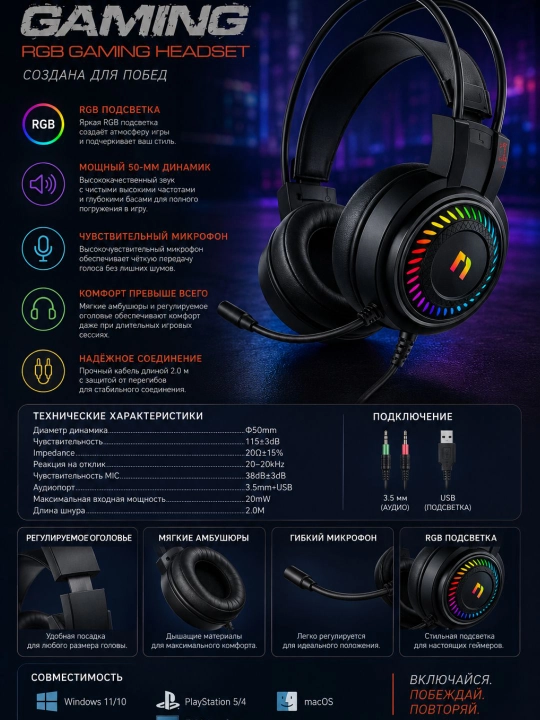 Nillmax NGN103 Gaming Quloqchin,RGB, Stereo Ovoz, Mikrofon, USB va AUX, Kompyuter uchun