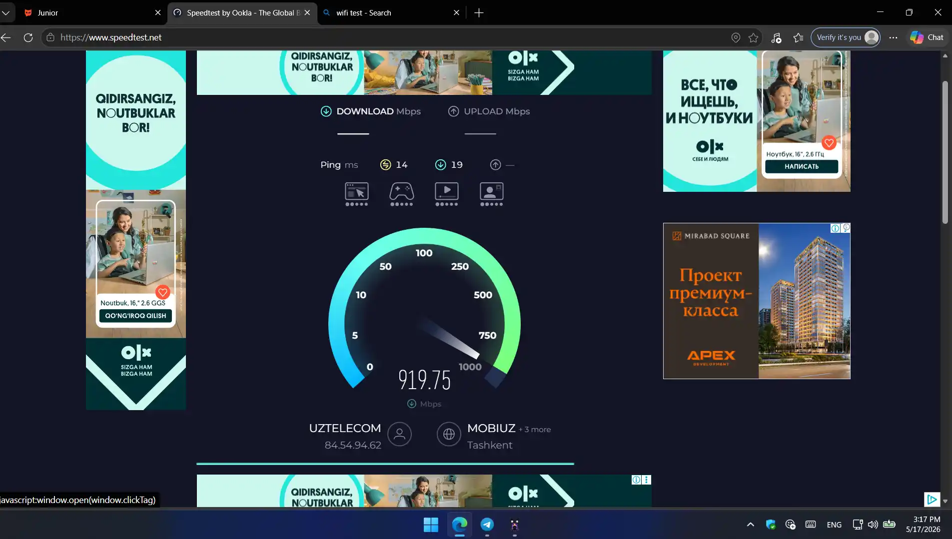 Lan kabeli, internet, Wi-Fi, kompyuter, televizor tezligini oshirish uchun 1 Gbit/s