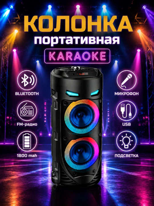 Bluetooth колонка 4239 для караоке, RGB подсветка, микрофон и пульт - 