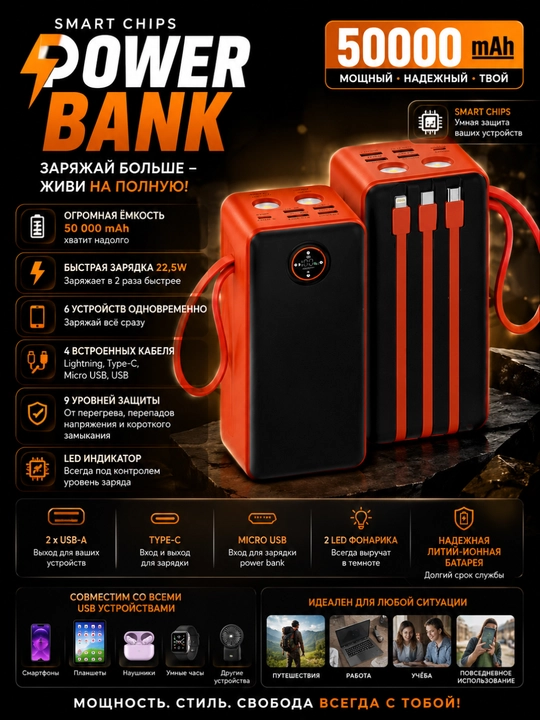 Tez zaryadlanuvchi tashqi akkumulyator, power bank 50000 - 