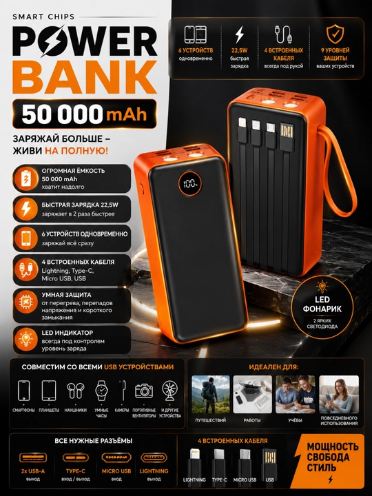 Внешний аккумулятор power bank с быстрой зарядкой, 50000 - 