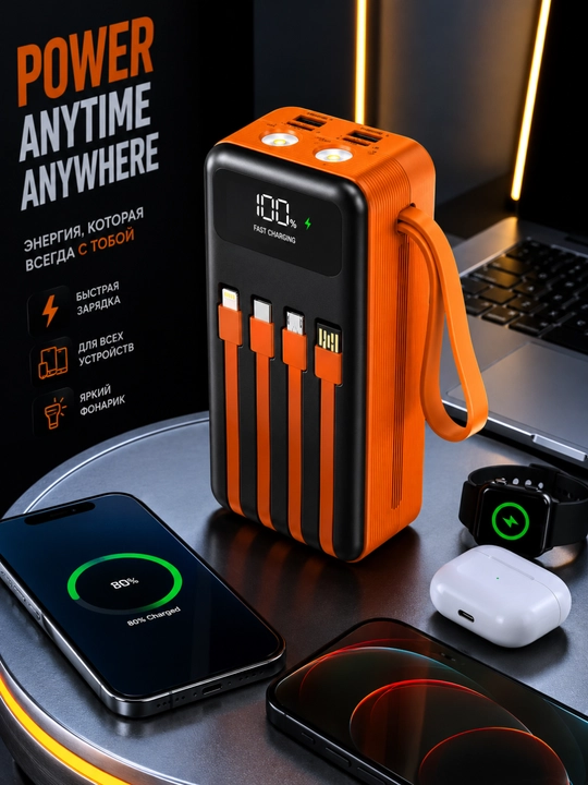 Внешний аккумулятор power bank с быстрой зарядкой, 50000
