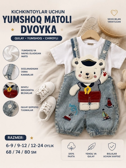 Джинсовый комплект двойка для малышей из мягкой ткани, летняя одежда 6-24 месяца - 