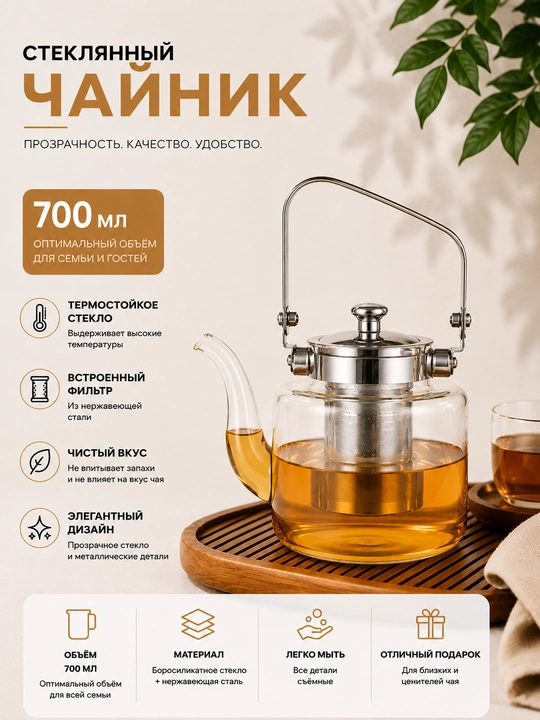 Shisha choynak, maxsus filtr bilan, issiqqa chidamli shisha, mustahkam dasta - 