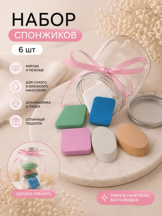 Набор спонжиков для нанесения макияжа 6 шт